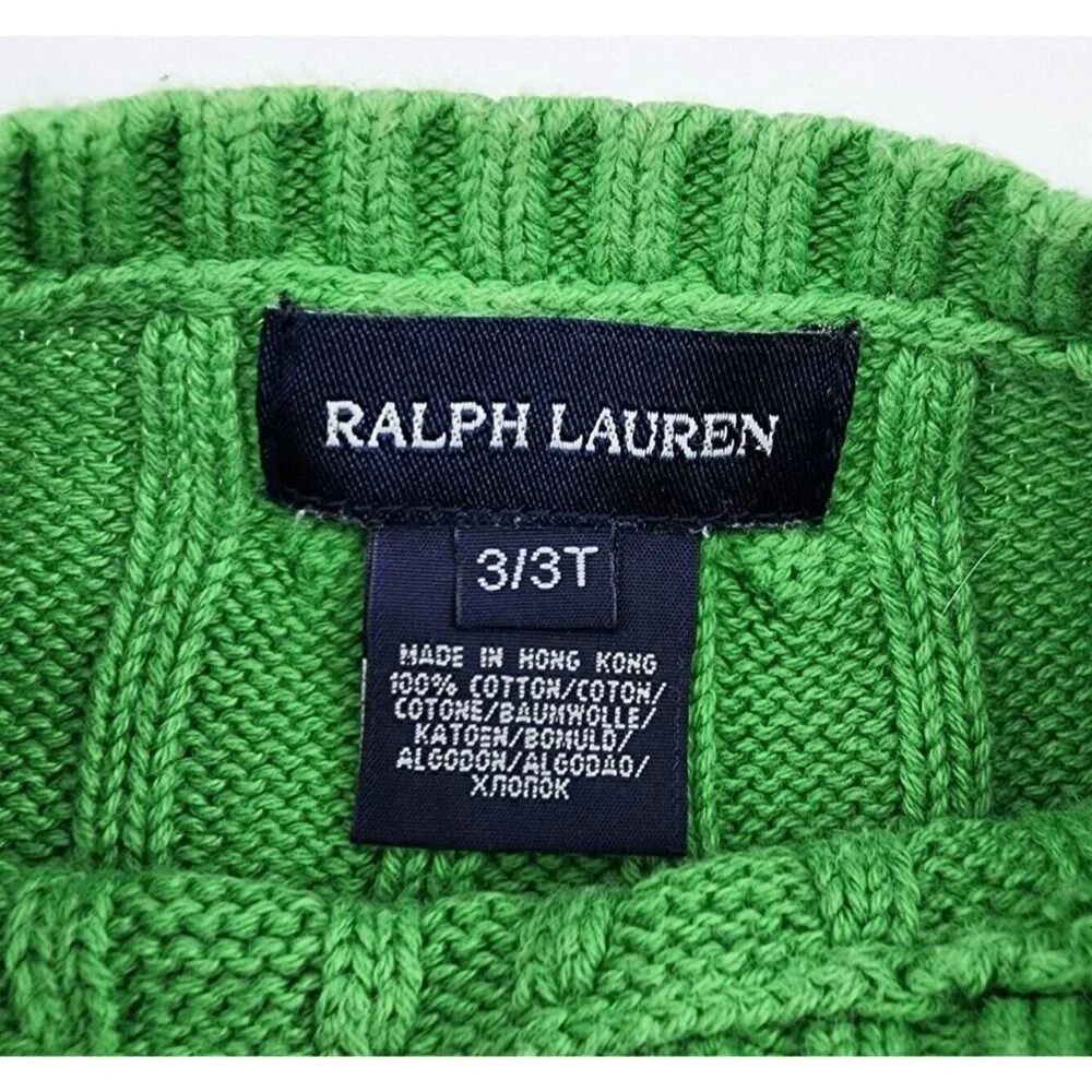Ralph Lauren Kids Long Sleeve Cable Knit Pullover Sweater Green/Pink‎ Pony 3/3T
